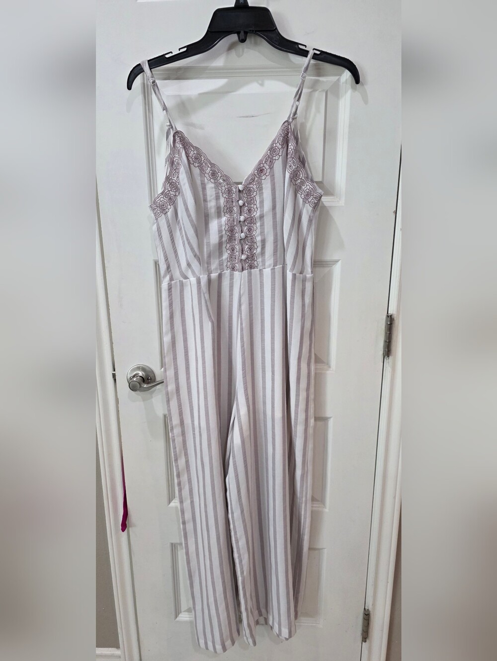 Chelsea & Violet Striped Lace-Trim Wide-Leg Jumpsuit in Light Gray and White